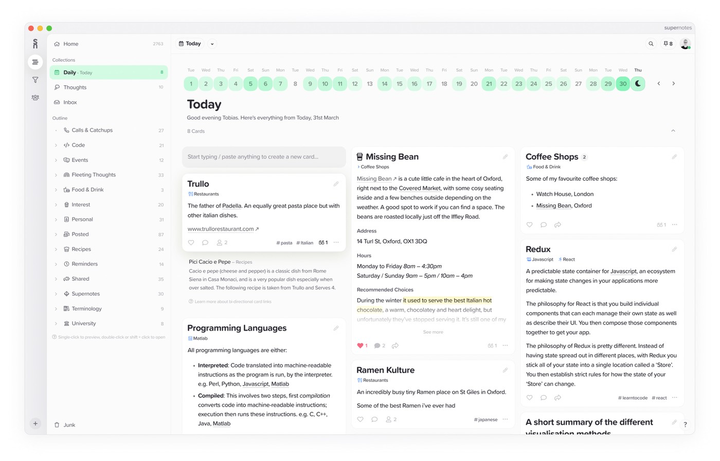 A screenshot of the Supernotes Daily Collection complete with a Monthly Heatmap